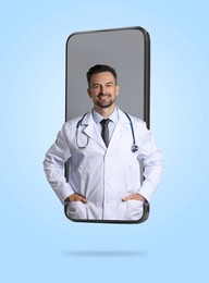 Online doctor standing out of mobile phone screen on light blue background