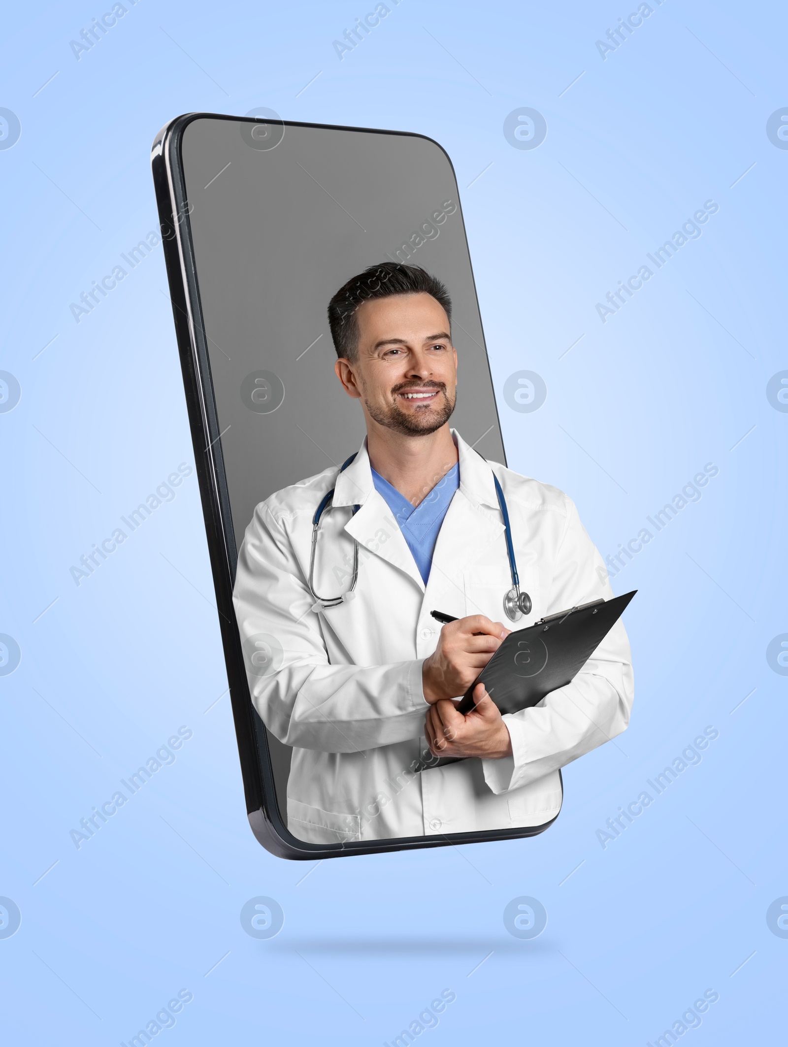 Image of Online doctor standing out of mobile phone screen on light blue background