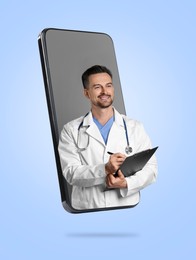 Online doctor standing out of mobile phone screen on light blue background