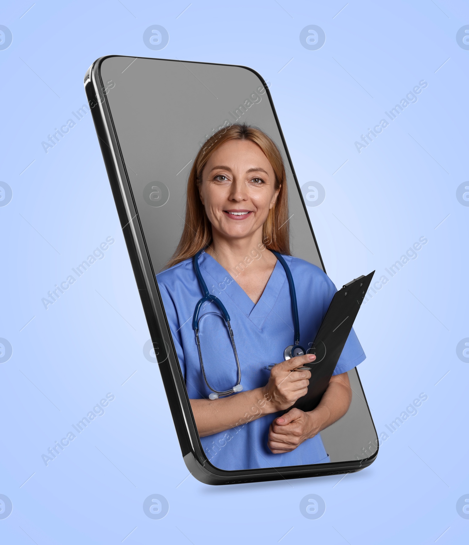 Image of Online doctor standing out of mobile phone screen on light blue background