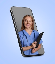 Online doctor standing out of mobile phone screen on light blue background