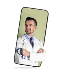 Online doctor standing out of mobile phone screen on white background