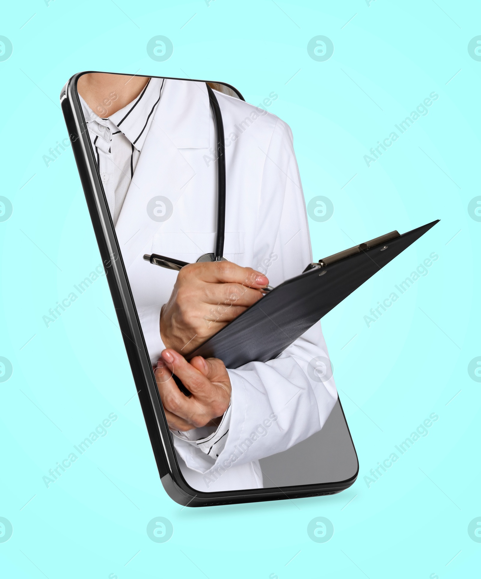 Image of Online doctor standing out of mobile phone screen on turquoise background