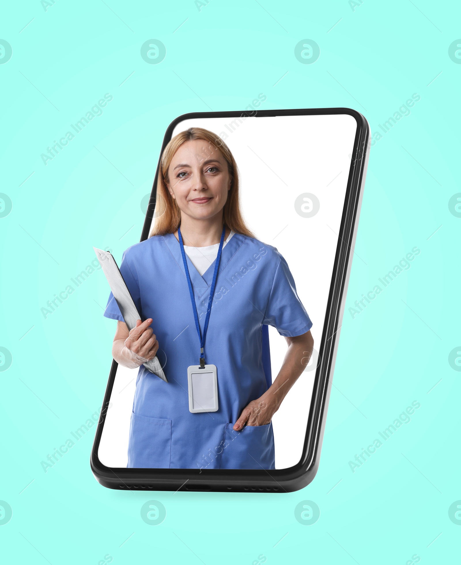 Image of Online doctor standing out of mobile phone screen on turquoise background