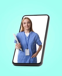 Online doctor standing out of mobile phone screen on turquoise background