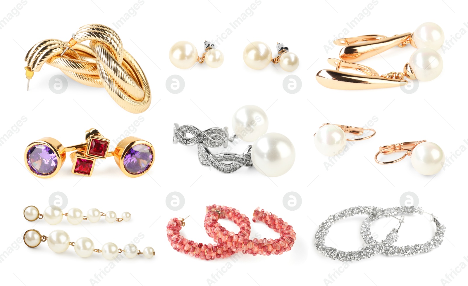 Image of Stylish bijouterie. Many different earrings isolated on white, collection