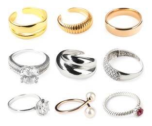 Image of Stylish bijouterie. Many different rings isolated on white, collection