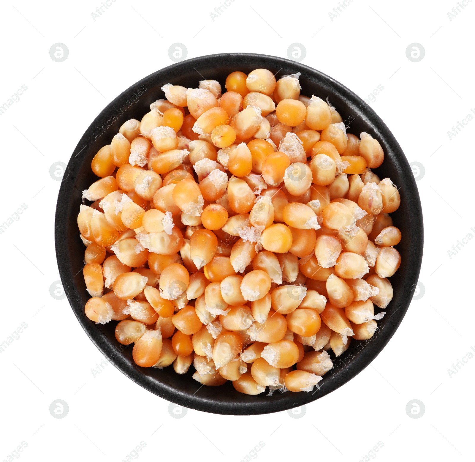 Photo of Fresh corn kernels in bowl isolated on white, top view