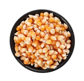 Photo of Fresh corn kernels in bowl isolated on white, top view