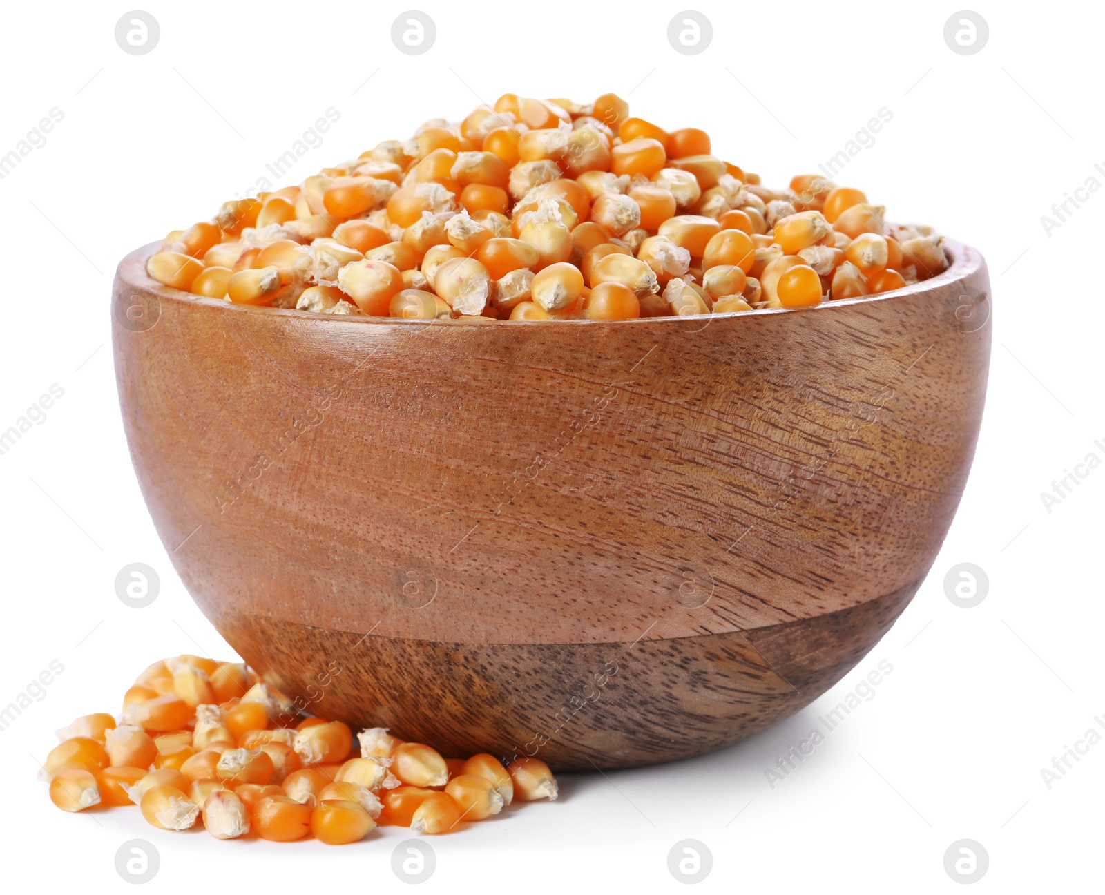 Photo of Fresh corn kernels in wooden bowl isolated on white