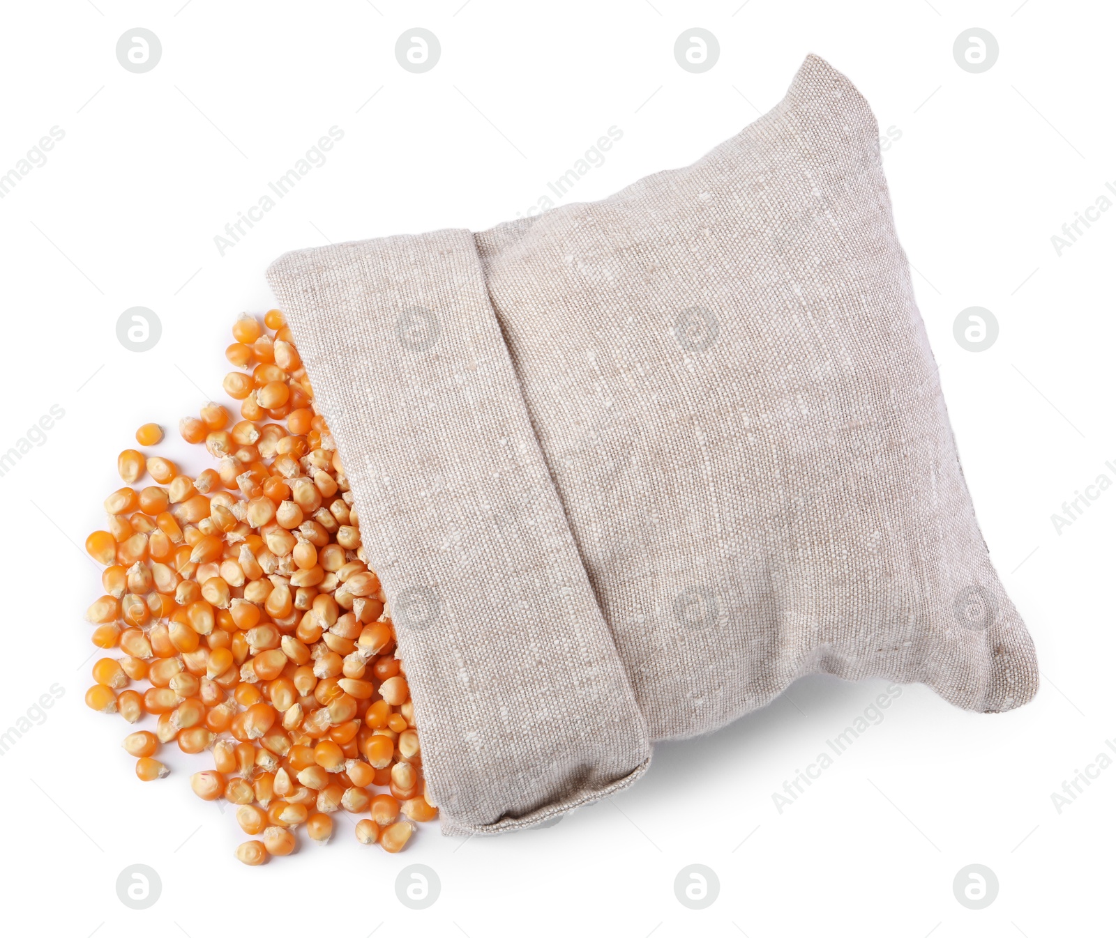 Photo of Fresh corn kernels and overturned burlap sack isolated on white, top view