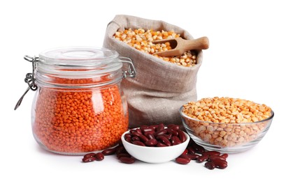 Photo of Different types of legumes and corn kernels isolated on white