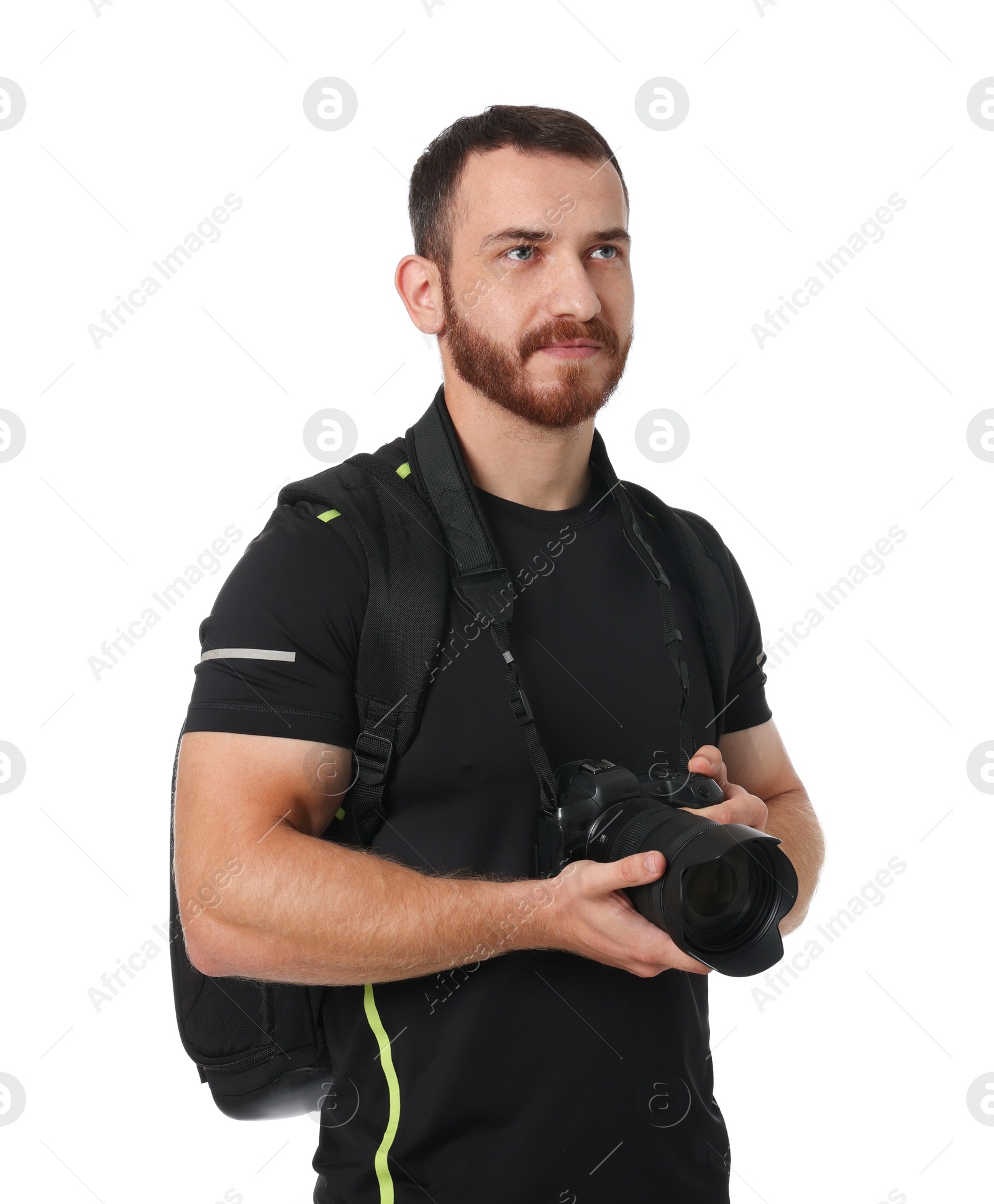 Photo of Photographer with backpack and camera on white background