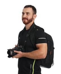 Photographer with backpack and camera on white background