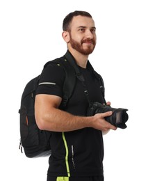 Photo of Photographer with backpack and camera on white background