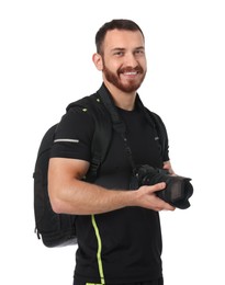 Photographer with backpack and camera on white background