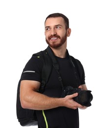 Photographer with backpack and camera on white background