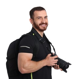 Photographer with backpack and camera on white background