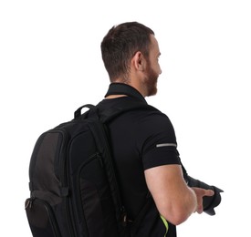 Photographer with backpack and camera on white background, back view