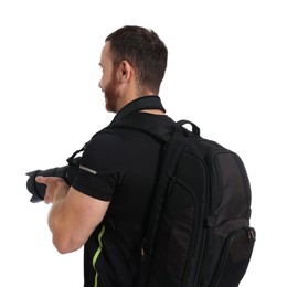 Photographer with backpack and camera on white background, back view