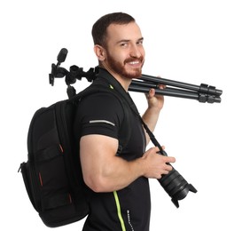 Photographer with backpack, tripod and camera on white background