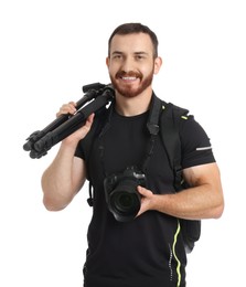 Photographer with backpack, tripod and camera on white background