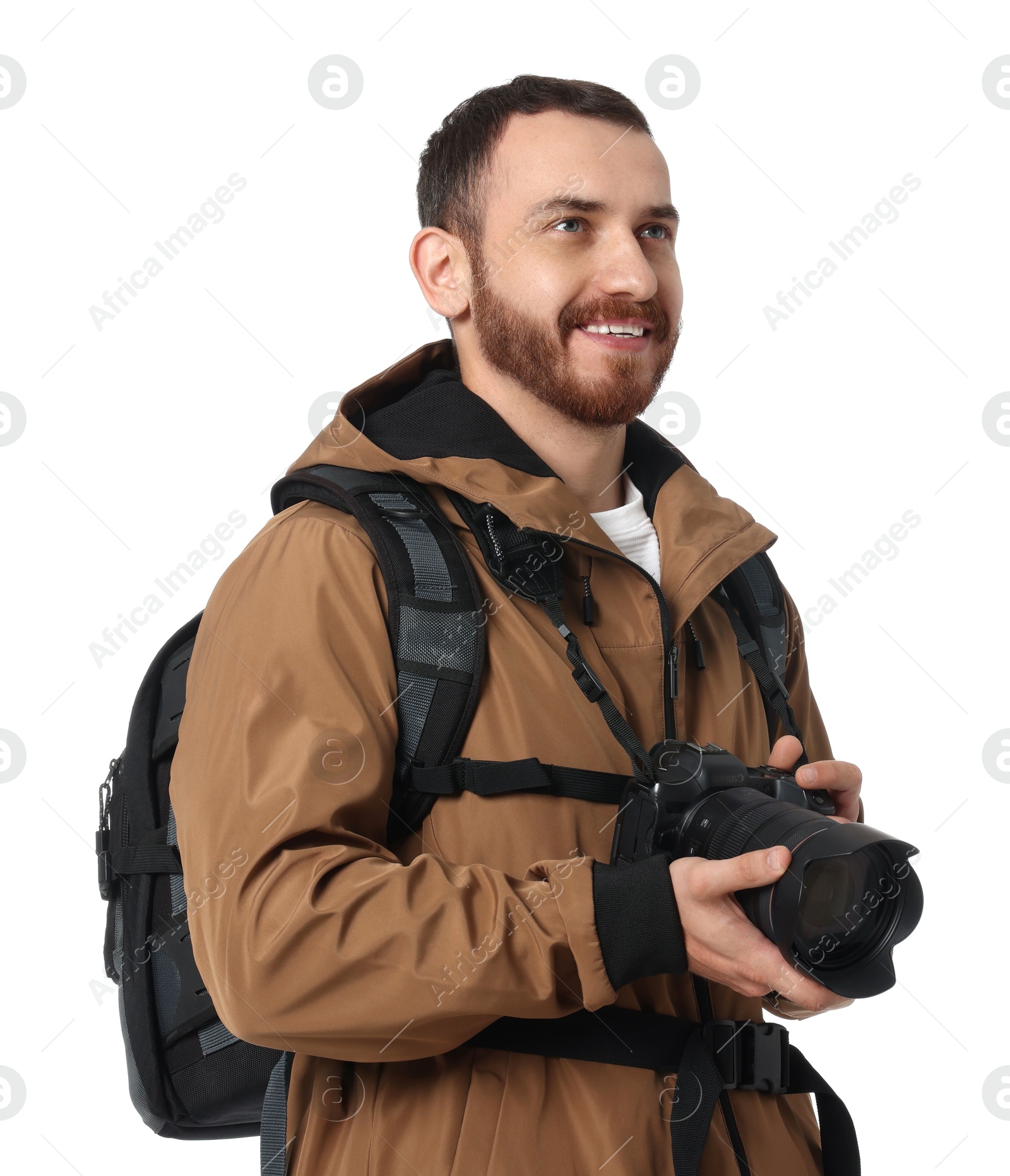 Photo of Photographer with backpack and camera on white background