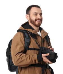 Photographer with backpack and camera on white background