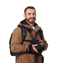 Photo of Photographer with backpack and camera on white background