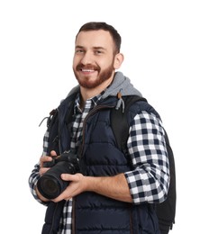 Photographer with backpack and camera on white background