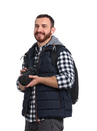 Photographer with backpack and camera on white background