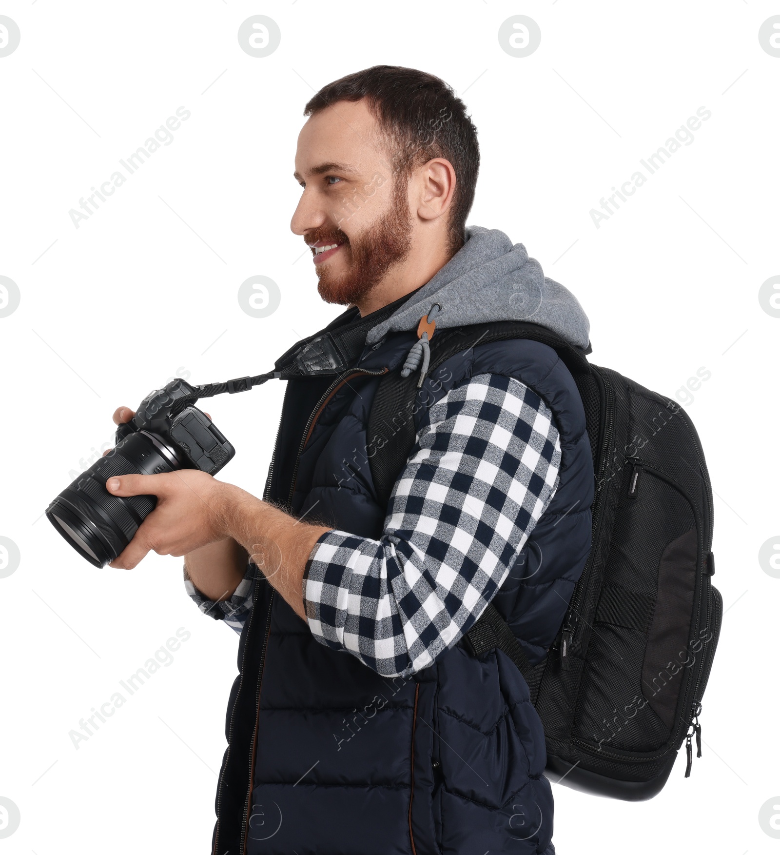 Photo of Photographer with backpack and camera on white background