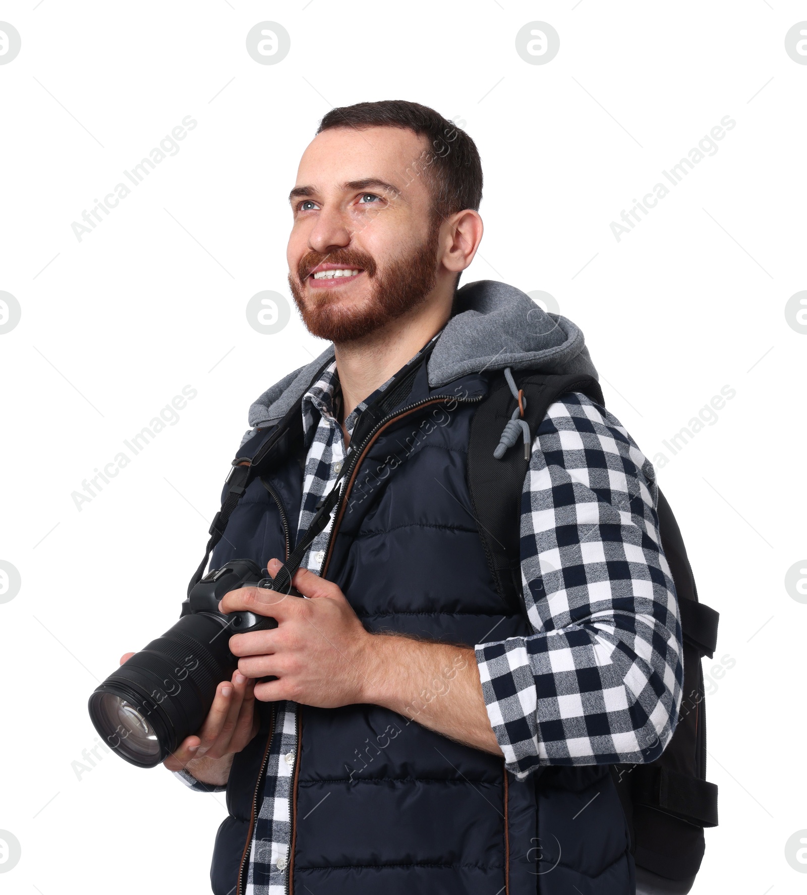 Photo of Photographer with backpack and camera on white background