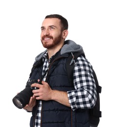 Photographer with backpack and camera on white background