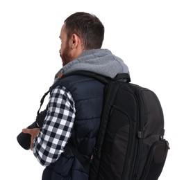 Photo of Photographer with backpack and camera on white background, back view