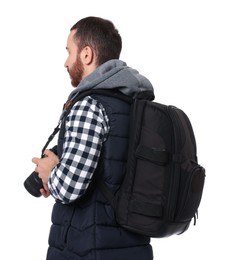 Photographer with backpack and camera on white background, back view