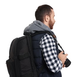 Photo of Photographer with backpack and camera on white background, back view