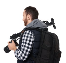 Photographer with backpack and camera on white background