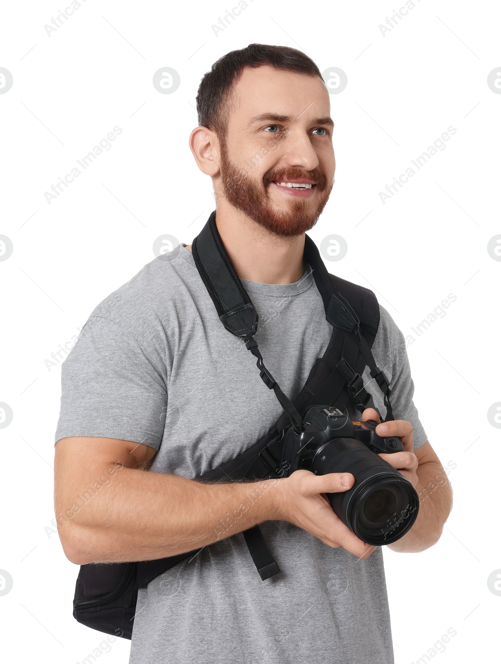 Photo of Photographer with backpack and camera on white background