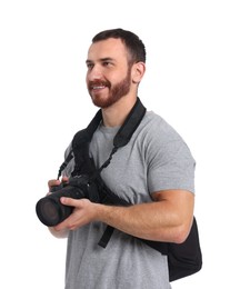 Photographer with backpack and camera on white background