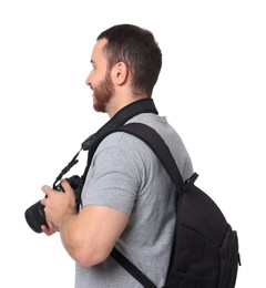 Photographer with backpack and camera on white background