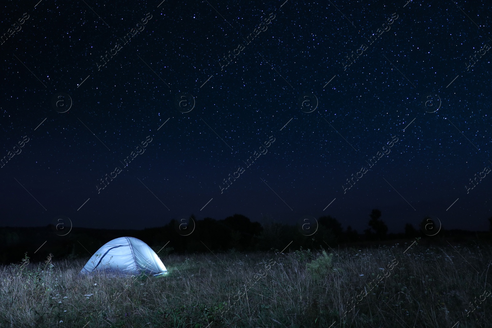 Photo of Modern camping tent in wilderness at night