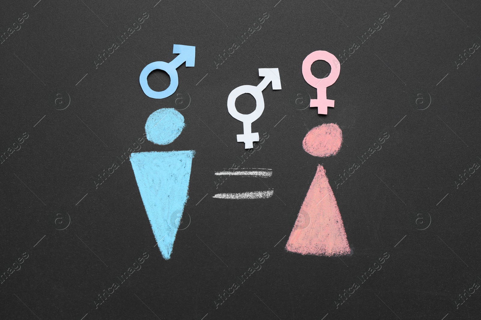 Photo of Equality concept. Male and female gender signs on chalkboard, flat lay