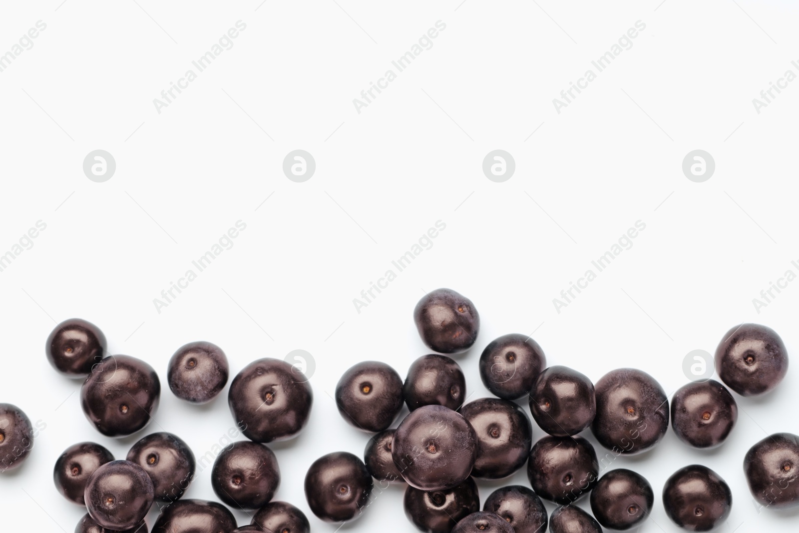 Photo of Ripe acai berries on white background, flat lay. Space for text