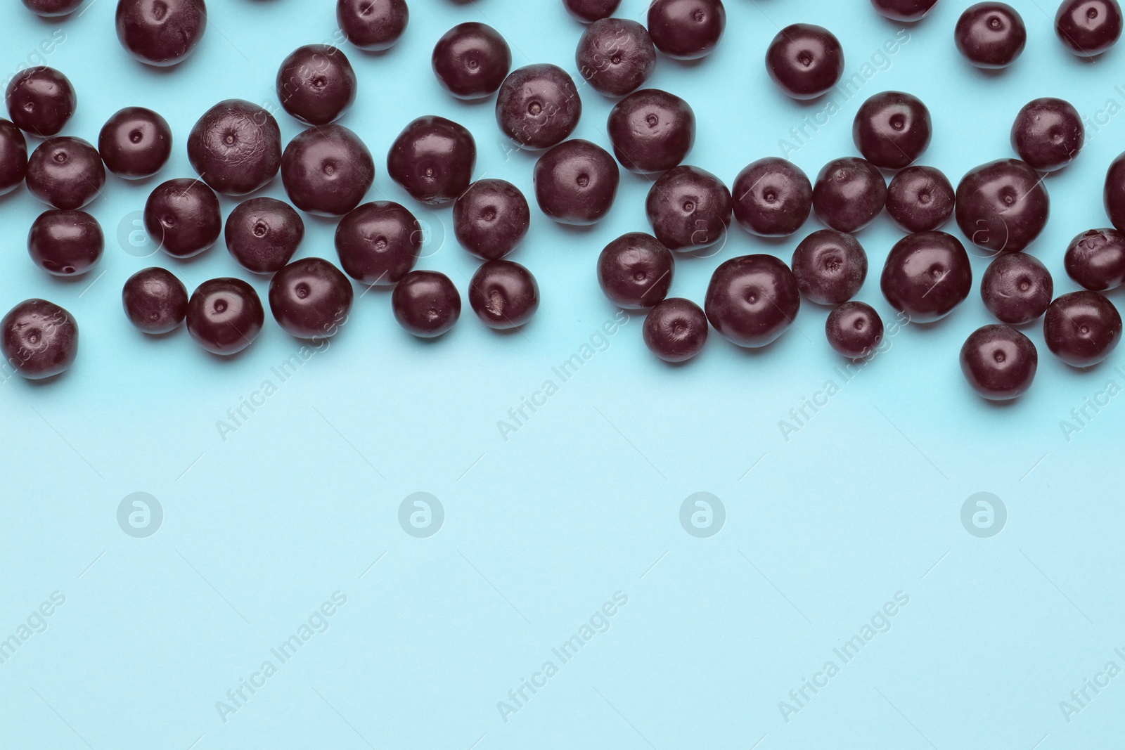 Photo of Ripe acai berries on light blue background, flat lay. Space for text