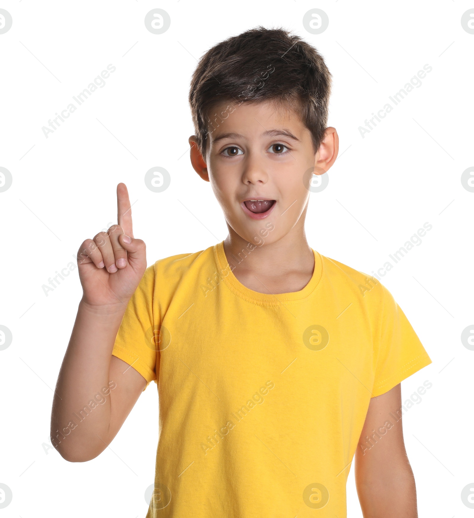 Photo of Portrait of cute little boy on white background