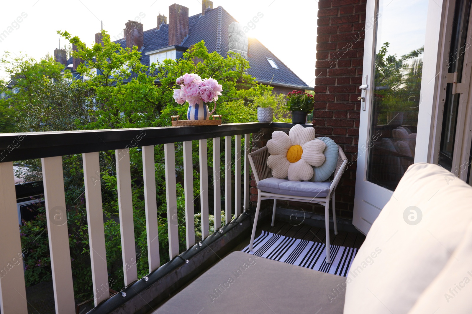 Photo of Different plants on railings and chair at cozy balcony outdoors