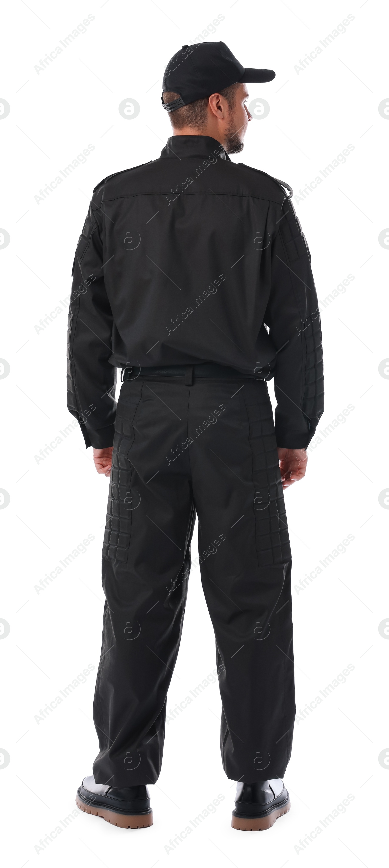 Photo of Security guard in uniform isolated on white, back view