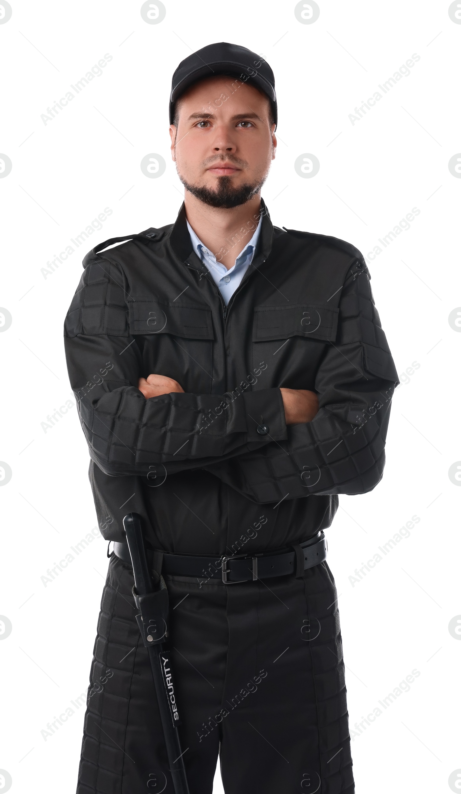 Photo of Young security guard in uniform isolated on white