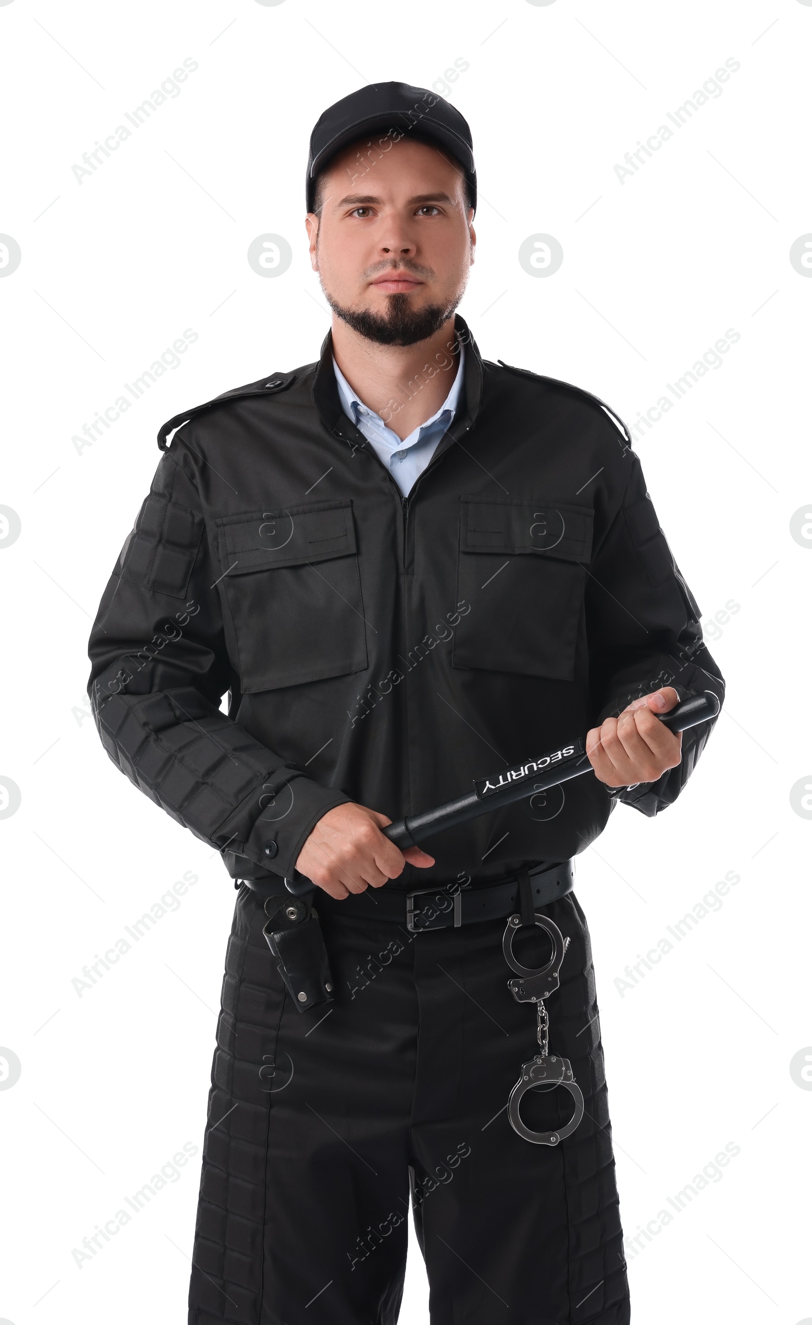 Photo of Young security guard in uniform with baton isolated on white